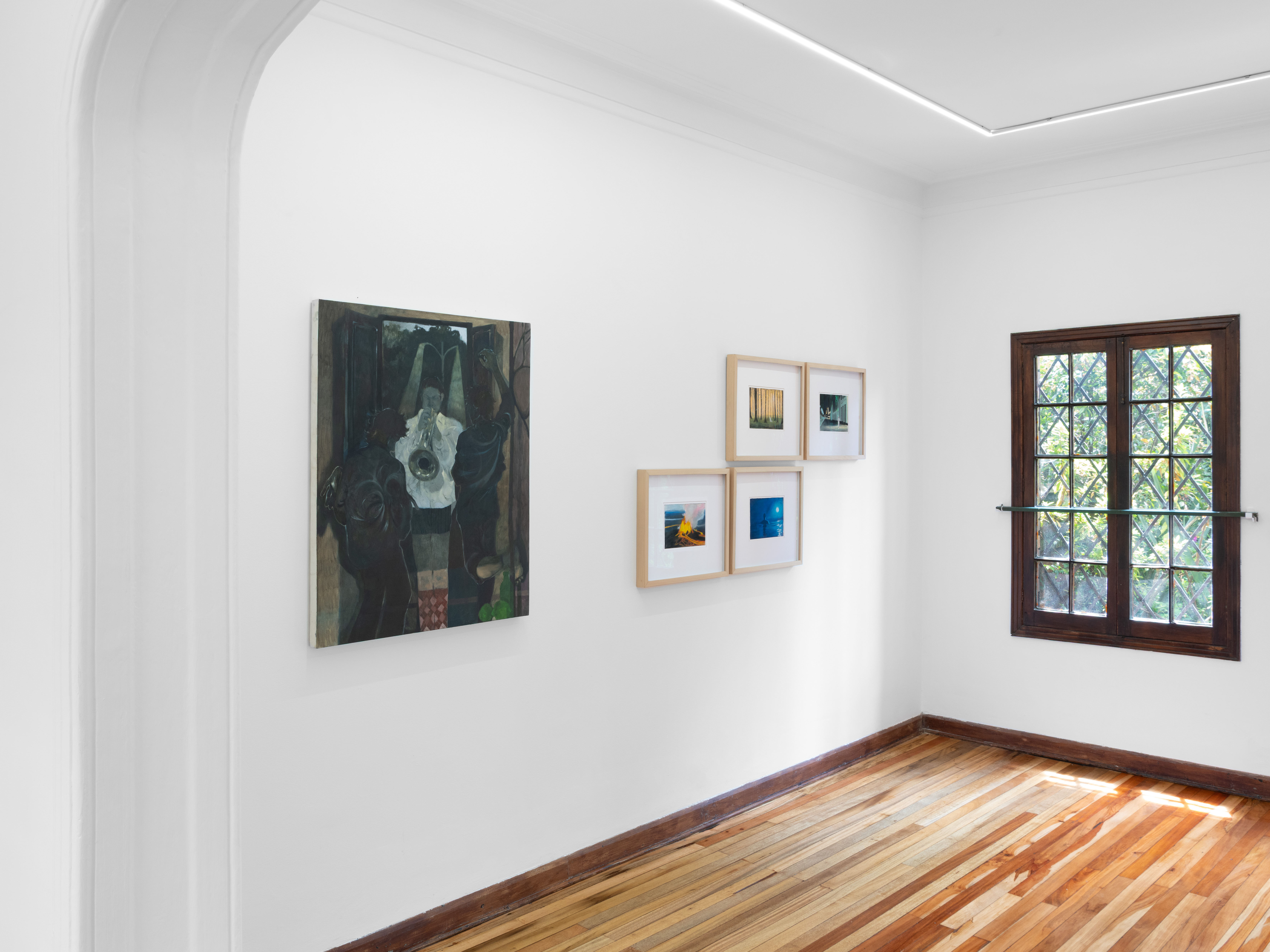 nstallation view of Pactos con sombras y fantasmas at Galerie Hugo Dufon, Bogotá, featuring works by Antonio Imedio and Felipe Barreiro Carvajal.