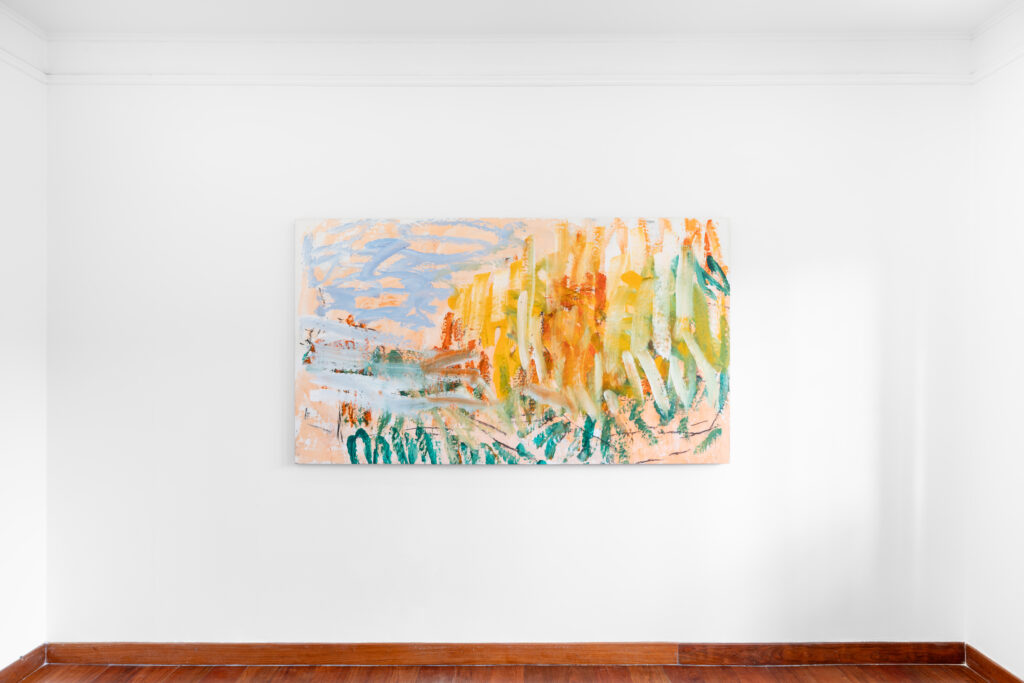 Untitled (Rocas / Matarraña), 2024, is a painting by French artist Christian Sorg, executed in acrylic and oil stick on canvas. Measuring 113 × 200 cm (44 1/2 × 78 3/4 in), the work is presented at Galerie Hugo Dufon in Bogotá.
