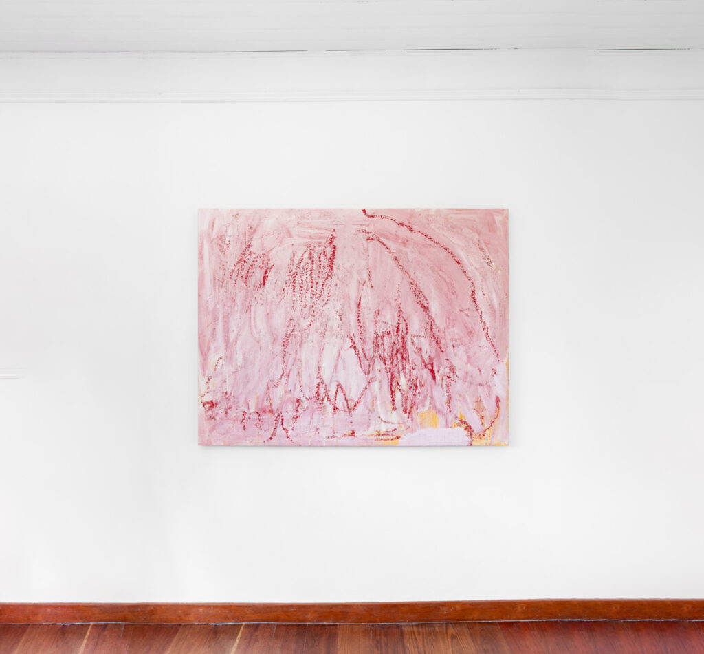 Untitled (Roc (Els Estret)), 2020, is a painting by French artist Christian Sorg, executed in acrylic and oil stick on canvas. Measuring 120 × 156 cm (47 1/4 × 61 3/8 in), the work is presented at Galerie Hugo Dufon in Bogotá.